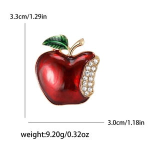 Sparkling red apple enamel brooch with green leaf and rhinestones in gold finish
