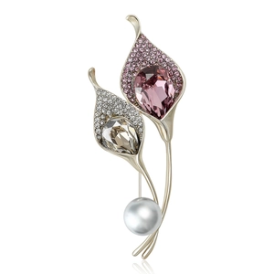 Vintage Elegant Calla Lily Brooch Alloy Crystal Rhinestone Flower Pin With Faux Artificial Pearl For Women Wedding Party Dress Accessory