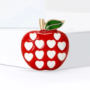 Cute red enamel apple brooch with white hearts and green leaf for cardigans and suits