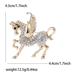Golden Pegasus flying horse brooch with crystals, size 4.3x4.4cm and weight 12.5g