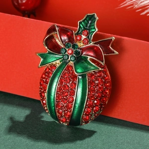 Sparkling Christmas apple brooch with red and green rhinestones on a golden alloy base