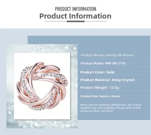 Detailed specs for the 36mm rose gold rose texture enamel brooch with rhinestones
