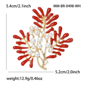 Elegant coral pearl brooch with red enamel leaves and white pearls in gold plating