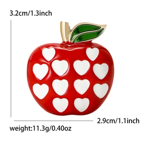 Red apple brooch with white hearts and green leaf, alloy metal pin 3.2cm x 2.9cm