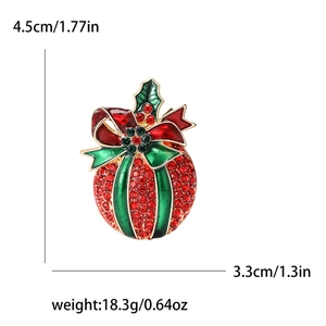 Sparkling Christmas apple brooch with red rhinestones and bow design, 4.5cm height