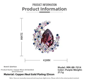 Detailed view of luxury pear-shaped purple zircon brooch with dimensions 51mm x 41mm