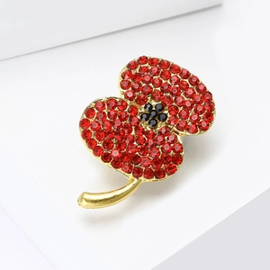 Élégante broche fleur de coquelicot en alliage doré avec strass rouges brillants