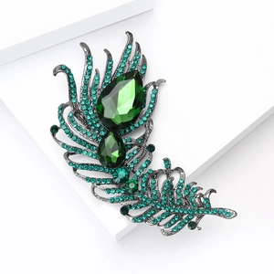 Spilla vintage a forma di piuma in lega di metallo con cristalli verdi e strass