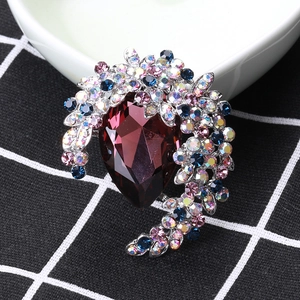 Luxury crystal brooch with purple teardrop gemstone and colorful rhinestones decor