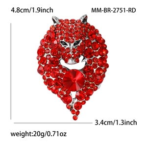 Broche tête de renard en cristal rouge étincelant avec base en alliage d'argent