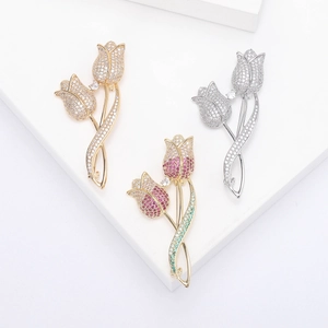 Elegant Copper Tulip Brooch For Women With Micro-Inlaid Zirconia Fashion Floral Suit Corsage Elegant Accessories Jewelry Gift