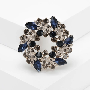Broche couronne bauhinia en argent élégante avec pierres bleu foncé et taupe rondes
