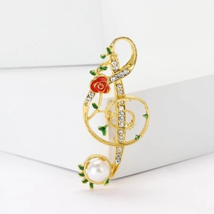 Broche note de musique élégante avec rose rouge perle et strass pour costumes