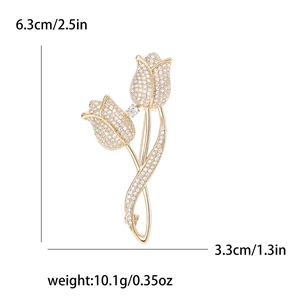 Elegant gold tulip brooch with micro-pave zircons, measuring 6.3cm height and 3.3cm width