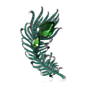 Spilla a Forma di Piuma di Pavone Vintage da Donna Lussuosa Lega con Strass Verdi Intarsiati Corsage Accessori Moda Gioielli