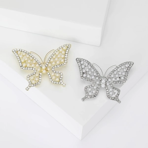 Broches papillons élégantes avec cristaux et perles en finitions dorée et argentée