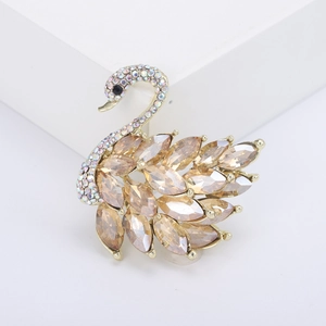 Elegant swan brooch with champagne marquise crystals and golden alloy base for women