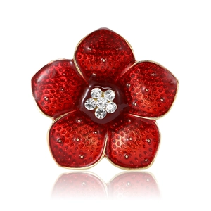 Broche fleur de pavot en émail rouge avec centre en cristal blanc et métal doré