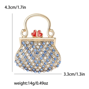 Broche sac à main de luxe avec cristaux bleus et blancs sur base dorée, taille 4,3 cm