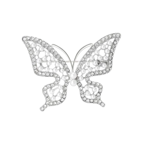 Broche papillon élégante avec perles et strass sur une base en métal argenté poli