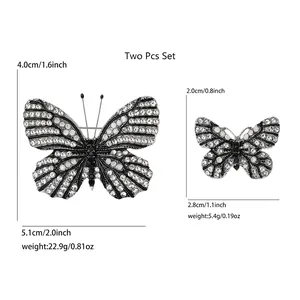 Two-piece set of butterfly brooches featuring sparkling rhinestones on alloy base