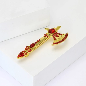 Creative axe brooch with gold alloy and red crystal rhinestones for men suits