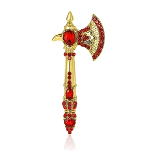 Creative alloy battle axe brooch with red rhinestones for men's vintage suits
