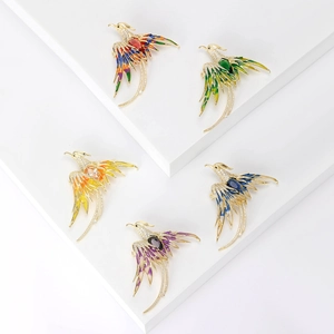 Luxury Copper Enamel Phoenix Brooch Pin For Women Vintage Chinese Style Rhinestone Animal Corsage Gold Plated Jewelry Accessory