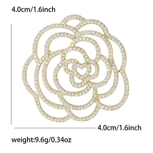 Eleganter goldener Kamelien-Anstecknadel mit Strasssteinen für Damen, 4,0 cm Durchmesser