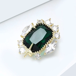Luxury vintage square green crystal brooch with marquise zircons and gold star detail