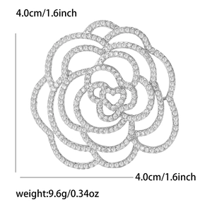 Eleganter Zirkonia-Kamelien-Blüten-Brosche für Damen mit 4,0 cm Durchmesser und 9,6 g Gewicht