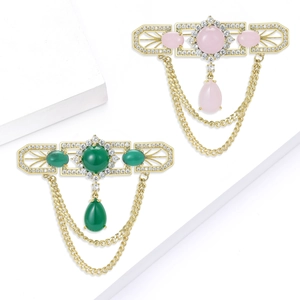 Luxury Art Deco brooch with micro-paved cubic zirconia and elegant double chain tassels