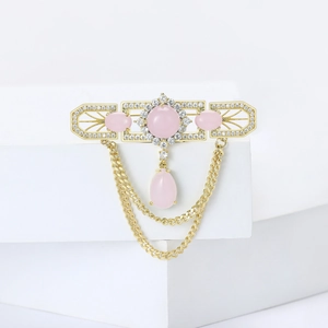 Luxury gold-plated brooch with pink opal stones and double-layered chain tassels