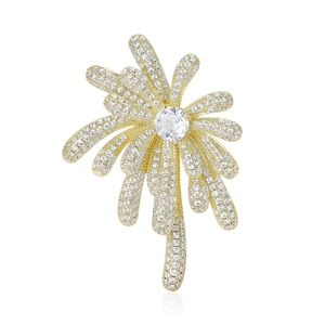 Élégante Broche en Cuivre en Forme de Fleur de Feu d'Artifice pour Femme de Luxe Incrustée de Zirconia Plaqué Or