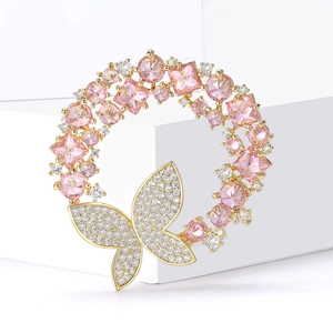 Broche couronne en cuivre et zircon avec papillon et pierres roses pour femmes