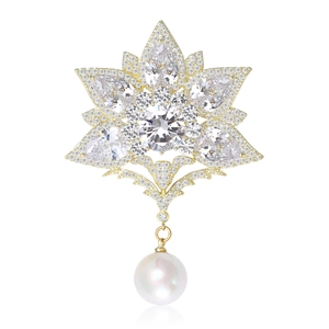Luxus Kupfer Zirkonia Blume Brosche Pin Mit Weißem Künstliche Perlenanhänger Vintage Palast Stil Damen Anzug Mantel Hochzeit Schmuck