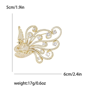 Luxury phoenix brooch with pavé zircon stones on gold base, sized 6x5cm and 17g weight