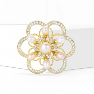 Elegant camellia flower brooch with freshwater pearl and zircons on gold metal