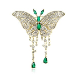 Broche papillon dorée élégante avec gemmes vertes et glands zircon pour manteaux