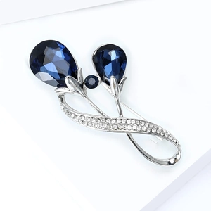 Broche tulipe de luxe avec cristaux bleu foncé en forme de goutte et pierres blanches