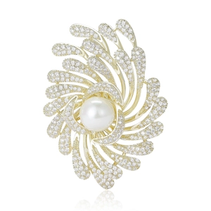 Broche de Künstliche Perles en Forme de Feu d'artifice Élégante pour Femmes en Cuivre de Haute Qualité Zircone Fleur Bijoux Décoratifs de Luxe pour Manteau Robe