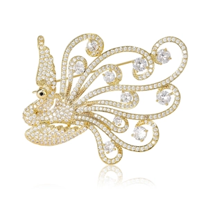Luxury gold phoenix brooch with micro-p鑲 zircorn gemstones and elegant tail feathers