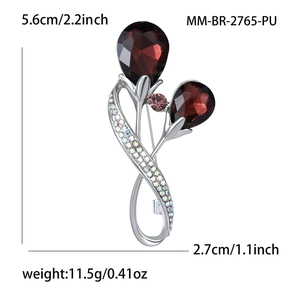 Broche tulipe en cristal luxueuse avec pierres poire rubis et strass arc-en-ciel