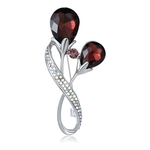 Broche tulipe de luxe avec cristaux rouges et strass scintillants sur alliage argenté