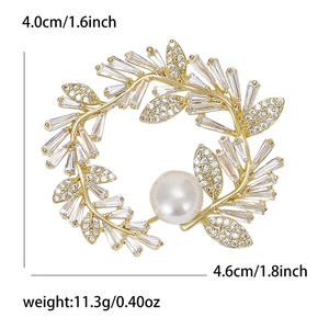 Elegant gold zircon flower wreath brooch with a white pearl, 4.6cm wide for suits