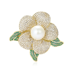 Elegante Kamelie Blumen Brosche Kupfer Zirkon Eingelegt Bienenwachs Künstliche Perle Nadel Für Damen Mode Kleid Anzug Korsage Schmuck