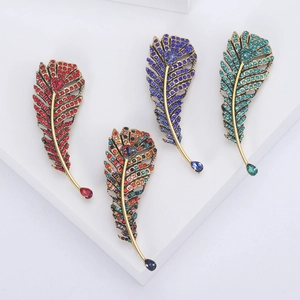 Vintage Rhinestone Feather Brooch Pin Alloy Crystal Inlaid Jewelry For Women Banquet Wedding Dress Coat Accessories