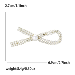 Fashionable alloy pearl bow brooch pin for women jackets with dimensions and weight info