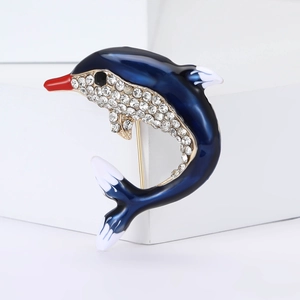 Broche de Dauphin en Émail d'Alliage de Mode avec Strass Blancs Épingle de Revers d'Animal Bleu pour Femme et Homme