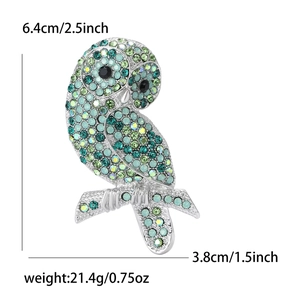Spilla a gufo scintillante con cristalli verdi e blu, misura 6,4x3,8 cm, base argento